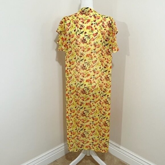 Vince Camuto Yellow Floral Sheer Midi Dress Button Front Side Slits - Picture 4 of 7
